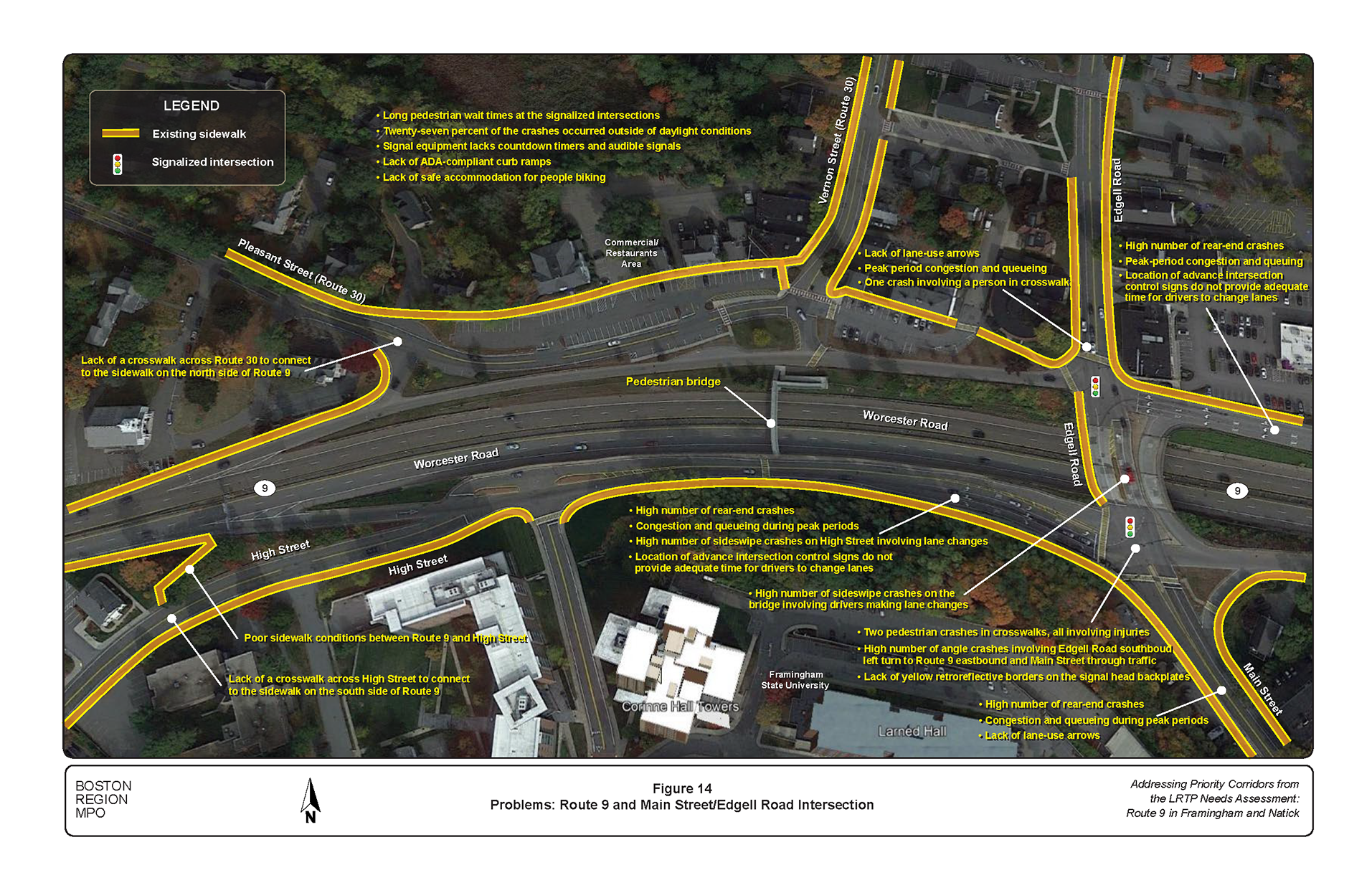 Figure 14 is an aerial photo showing the intersection of Route 9 and Main Street/Edgell Road and the problems